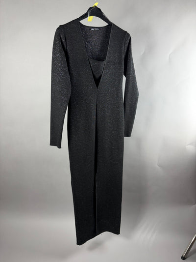Abito lungo nero lurex a maniche lunghe Zara su stampella