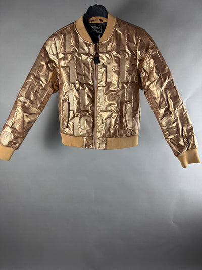 Vista frontale completa giacca bomber GUESS oro dorato