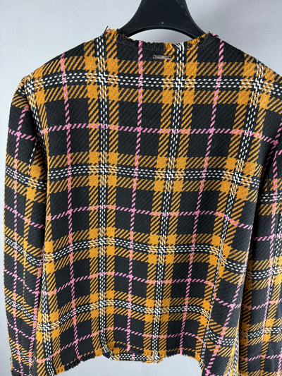 Retro della giacca Liu Jo a quadri tartan senape, nero e rosa con bordi sfrangiati