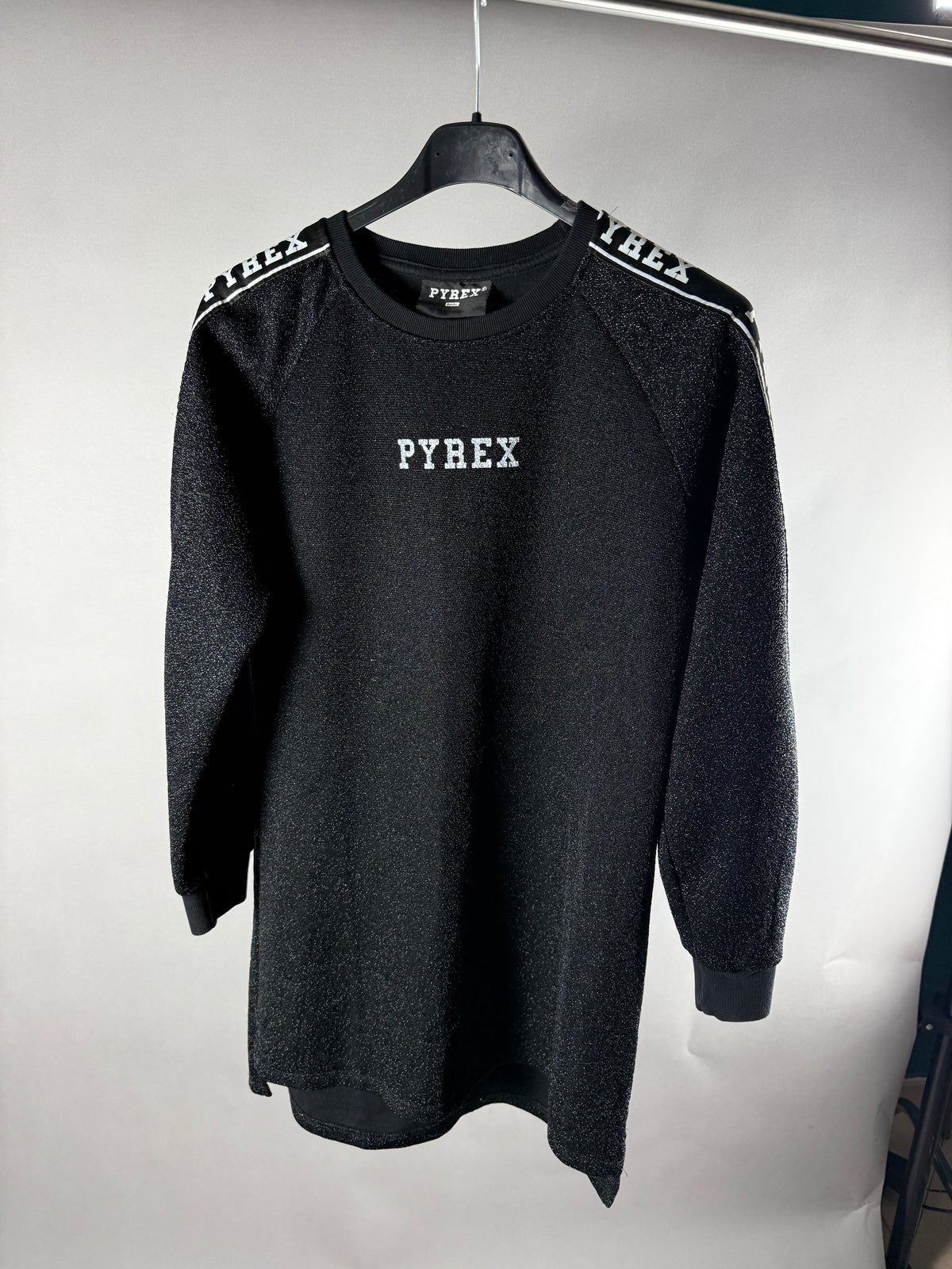 Abito felpa PYREX Kids nero lurex con logo bianco e bande sulle spalle